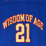 Close up of the front of the Wisdom Of Age Knit Football Jersey in Giant Blue