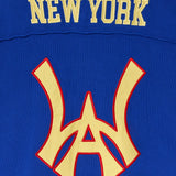 Close up of the rear of the Wisdom Of Age Knit Football Jersey in Giant Blue