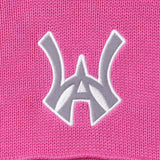 Close-up of the embroidered WA logo on a pink background