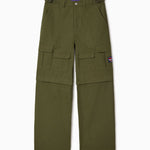 Olive Green cargo pants with multiple pockets on a white background
