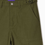 Green cargo pants with a belt and the Wisdom Of Age label on a white background