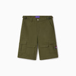 Olive Green cargo shorts with the Wisdom Of Age Tag on a white background