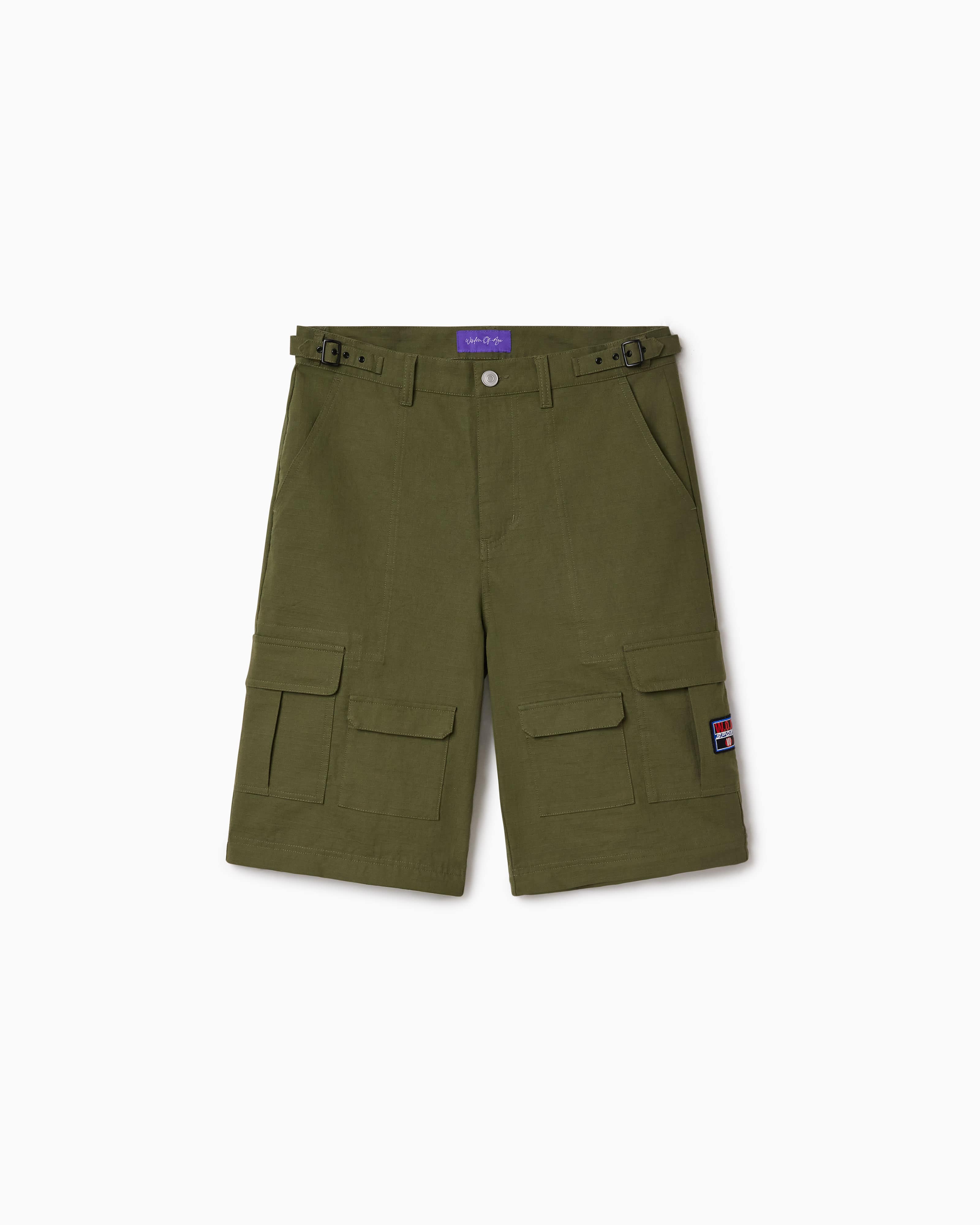 Olive Green cargo shorts with the Wisdom Of Age Tag on a white background