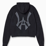 Back of Wisdom of Age Knit Hoodie in Black. WA symbol on the back in the middle.