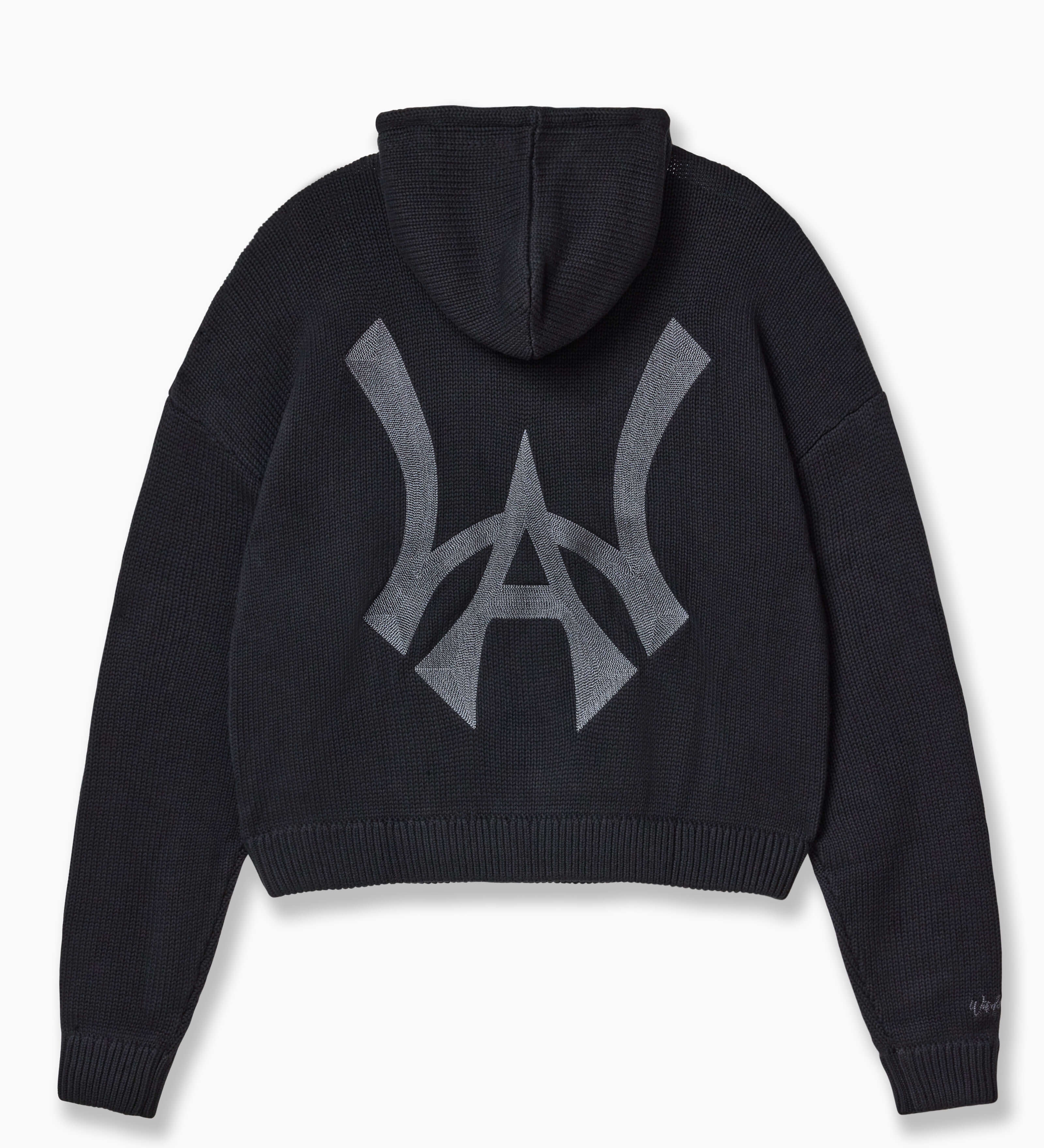 Back of Wisdom of Age Knit Hoodie in Black. WA symbol on the back in the middle.
