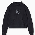 Wisdom of Age Knit Hoodie in Black. Waffle knit texture with the WA symbol in the chest of the hoodie. Kangaroo pocket and embroidered right sleeve with brand name.