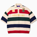 Wisdom of Age Bleecker Rugby Polo in multicolor stripes front view with WISDOM OF AGE embroidery, 21 number patch, and ornate brand emblem on white background.