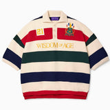 Wisdom of Age Bleecker Rugby Polo in multicolor stripes front view with WISDOM OF AGE embroidery, 21 number patch, and ornate brand emblem on white background.
