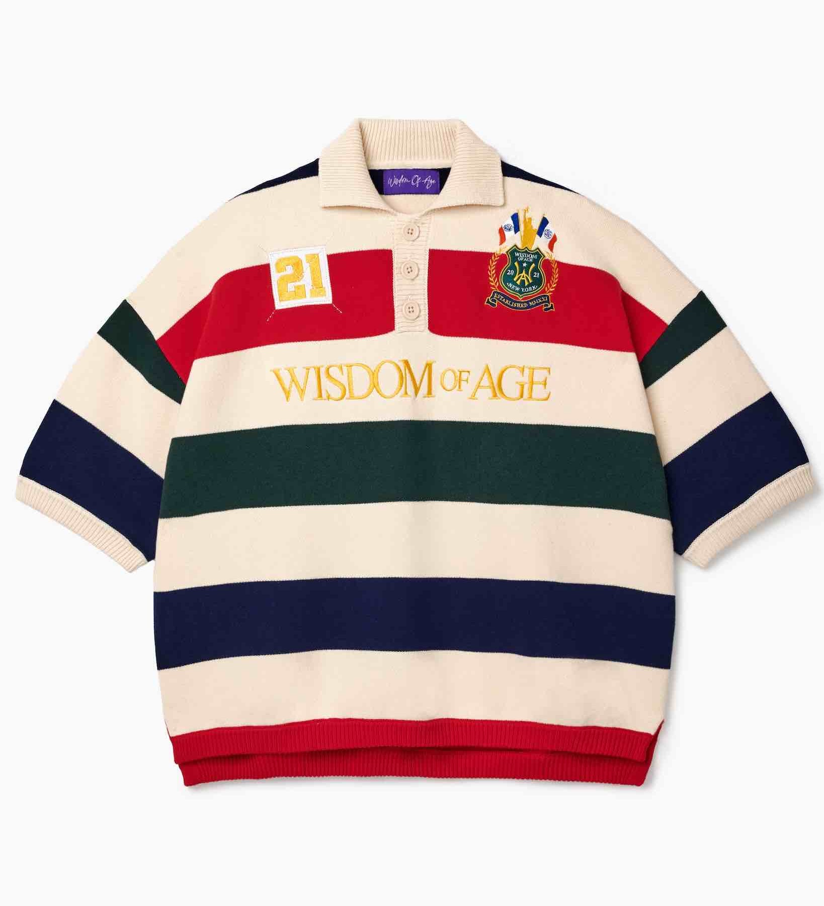 Wisdom of Age Bleecker Rugby Polo in multicolor stripes front view with WISDOM OF AGE embroidery, 21 number patch, and ornate brand emblem on white background.