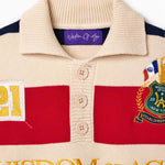 Wisdom of Age Bleecker Rugby Polo in multicolor stripes zoomed front view of collar with three buttons and purple Wisdom of Age inner tag on white background.