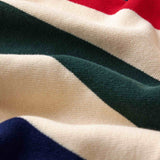 Wisdom of Age Bleecker Rugby Polo in multicolor stripes zoomed front view of premium cotton knit material and brand embroidery .
