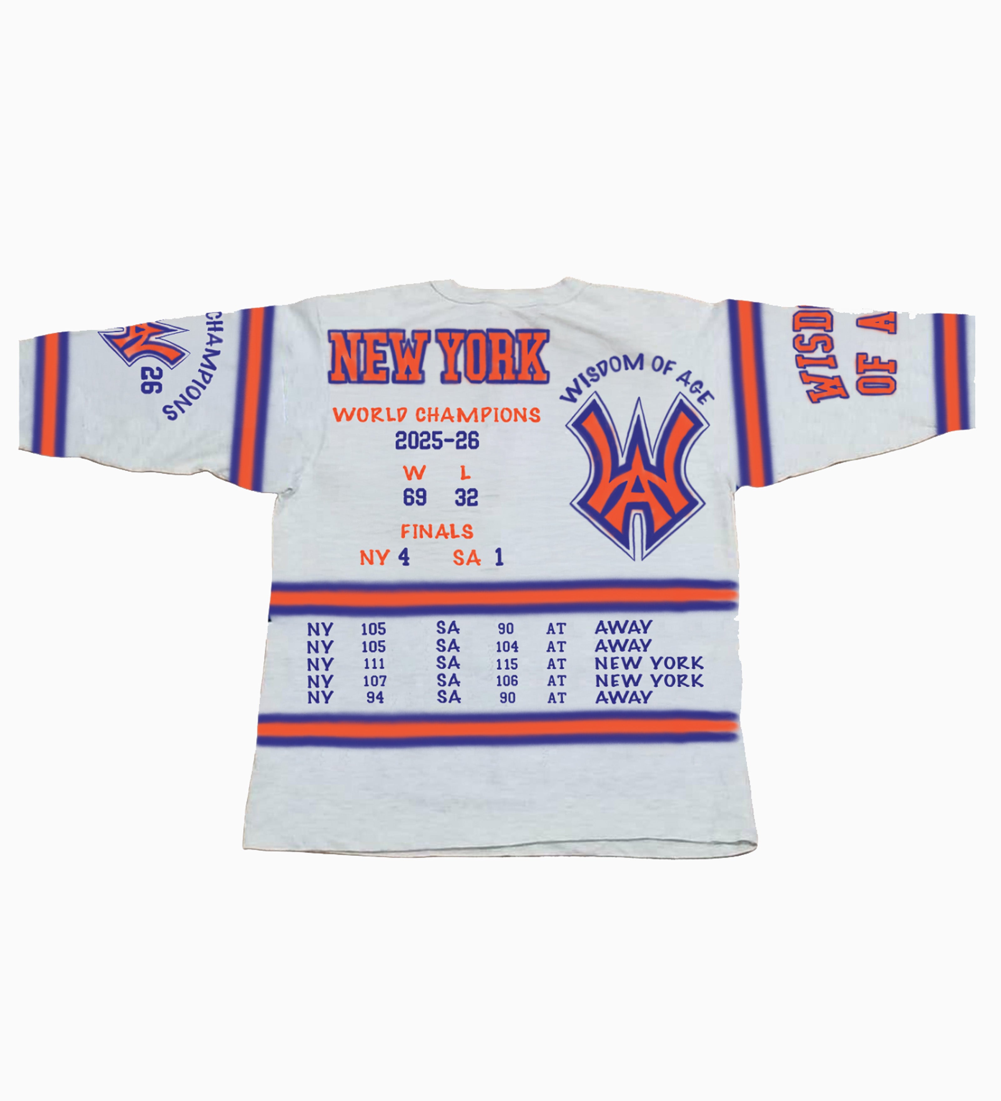 Wisdom Of Age City Champs shirt Celebrating the New York Knicks 2026 NBA Championship. New York Knicks Win Loss Record, 2026 NBA Finals Game Scores and a Wisdom Of Age WA Logo