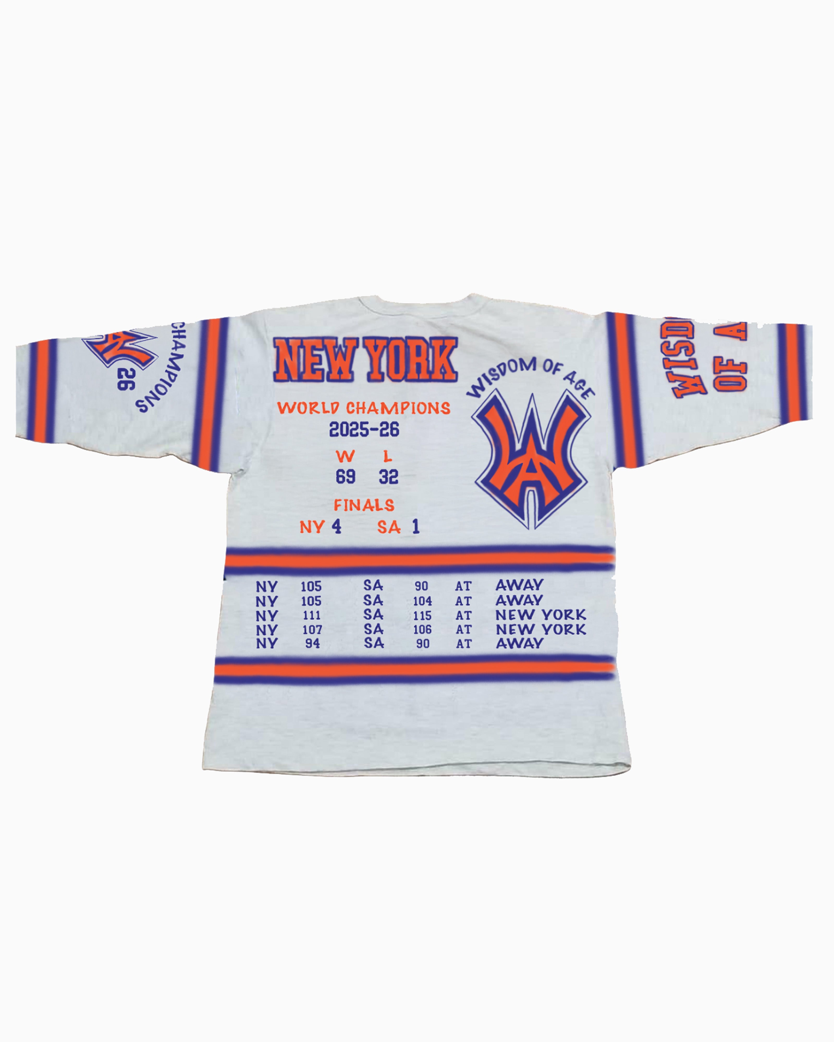 Wisdom Of Age City Champs shirt Celebrating the New York Knicks 2026 NBA Championship. New York Knicks Win Loss Record, 2026 NBA Finals Game Scores and a Wisdom Of Age WA Logo