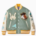Front view of the wisdom of age mint varisty jacket