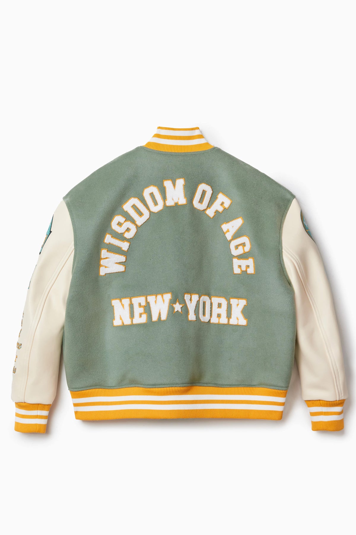 Rear view of the wisdom of age mint varisty jacket
