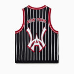 Wisdom Of Age Empire Basketball Jersey Black Pinstripe back view with New York lettering and brand logo on white background