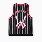 Wisdom Of Age Empire Basketball Jersey Black Pinstripe back view with New York lettering and brand logo on white background