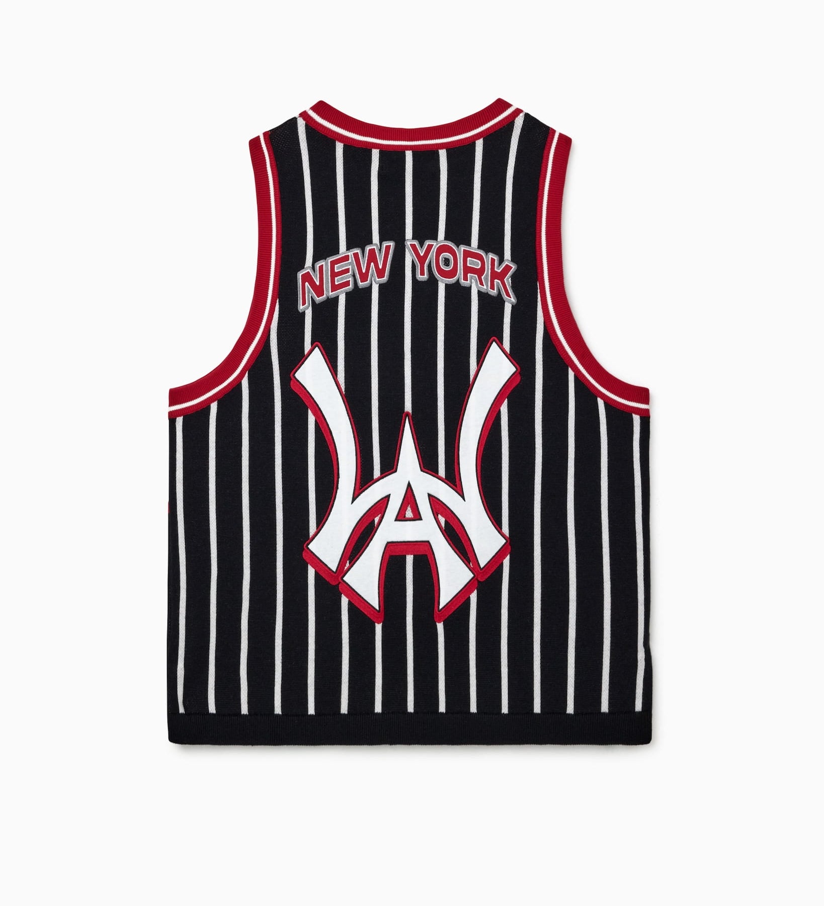 Wisdom Of Age Empire Basketball Jersey Black Pinstripe back view with New York lettering and brand logo on white background