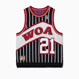 Wisdom Of Age Empire Basketball Jersey Black Pinstripe front view with WOA letter and jersey number 21 on white background