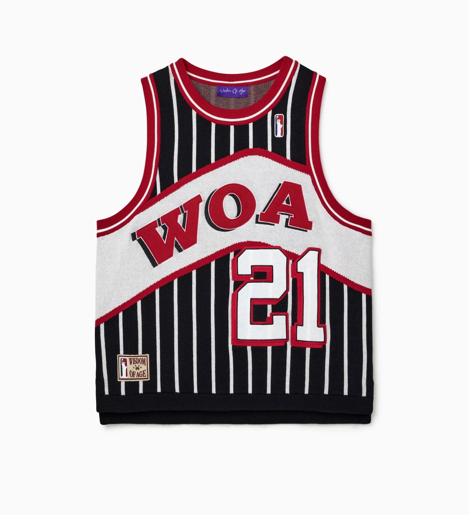 Wisdom Of Age Empire Basketball Jersey Black Pinstripe front view with WOA letter and jersey number 21 on white background
