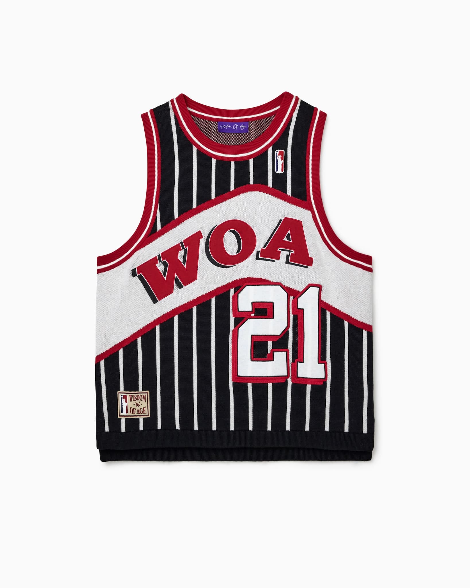 Wisdom Of Age Empire Basketball Jersey Black Pinstripe front view with WOA letter and jersey number 21 on white background