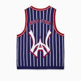 Wisdom Of Age Empire Basketball Jersey Blue Pinstripe back view with New York lettering and brand logo on white background