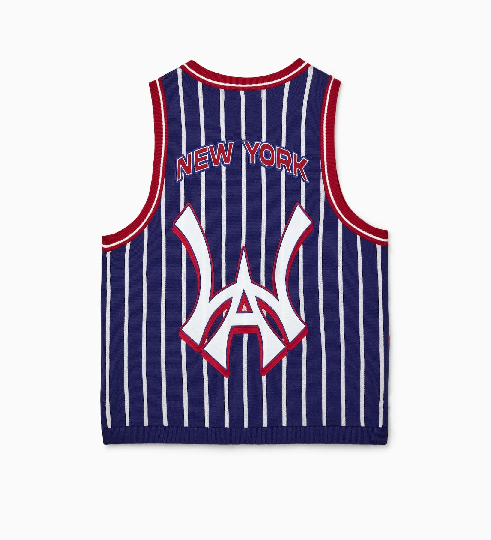 Wisdom Of Age Empire Basketball Jersey Blue Pinstripe back view with New York lettering and brand logo on white background