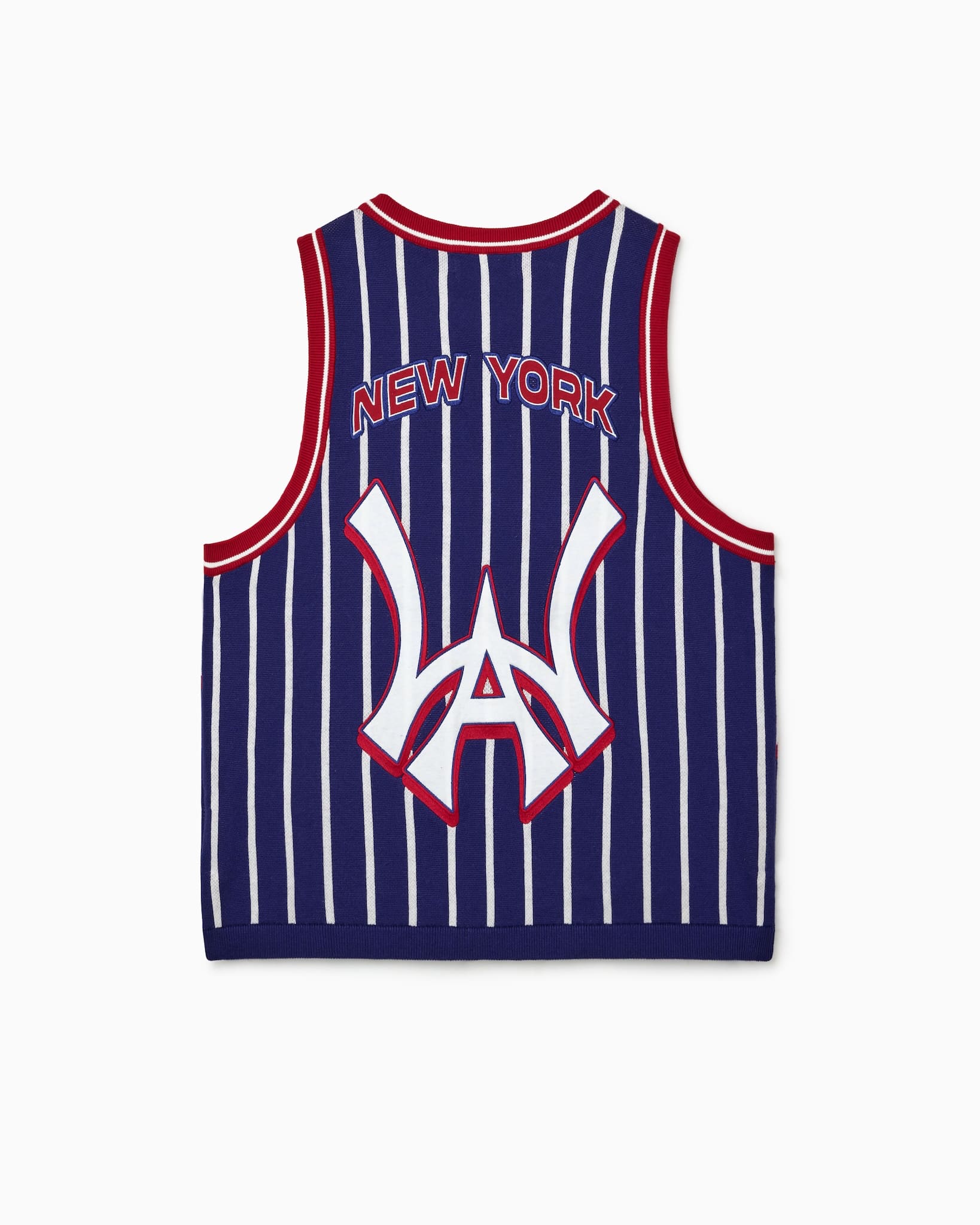 Wisdom Of Age Empire Basketball Jersey Blue Pinstripe back view with New York lettering and brand logo on white background