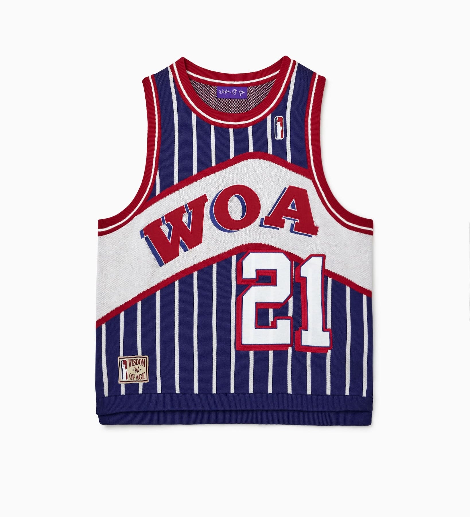 Wisdom Of Age Empire Basketball Jersey Blue Pinstripe front view with WOA letter and jersey number 21 on white background