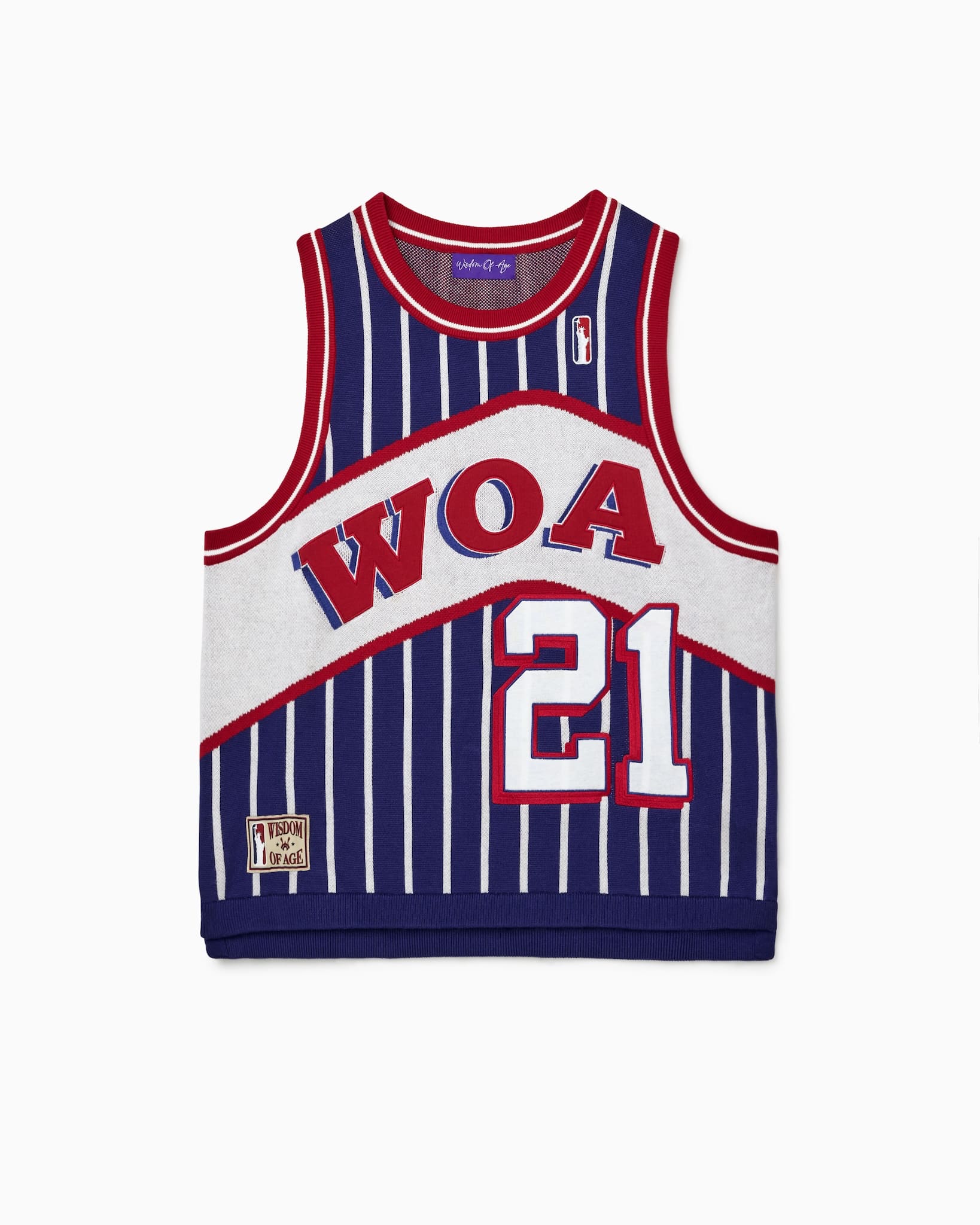 Wisdom Of Age Empire Basketball Jersey Blue Pinstripe front view with WOA letter and jersey number 21 on white background